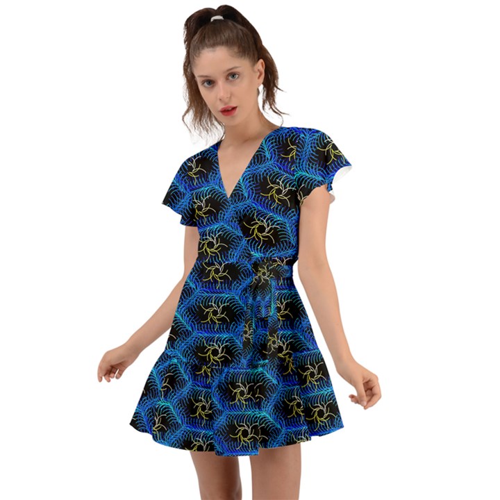 Blue Bee Hive Pattern Flutter Sleeve Wrap Dress