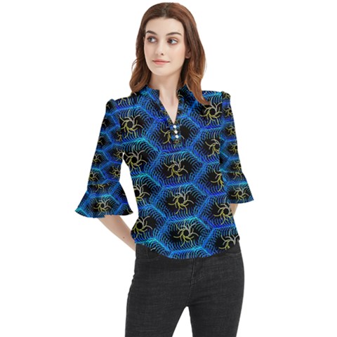 Blue Bee Hive Pattern Loose Horn Sleeve Chiffon Blouse by Hannah976