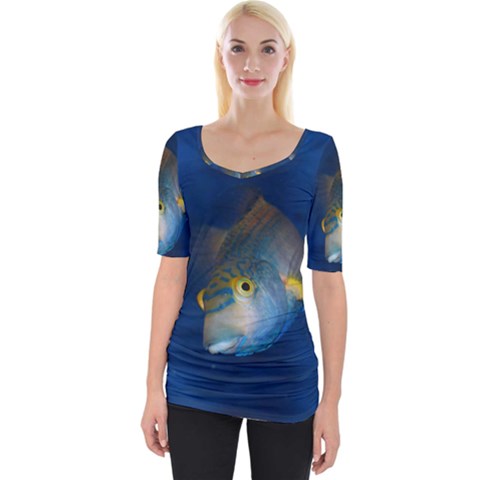 Fish Blue Animal Water Nature Wide Neckline T-shirt by Hannah976