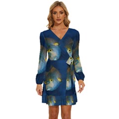 Fish Blue Animal Water Nature Long Sleeve Waist Tie Ruffle Velvet Dress by Hannah976