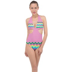 Easter Chevron Pattern Stripes Halter Front Plunge Swimsuit by Hannah976