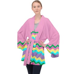 Easter Chevron Pattern Stripes Long Sleeve Velvet Kimono  by Hannah976