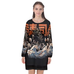 Sushi Dragon Japanese Long Sleeve Chiffon Shift Dress  by Bedest