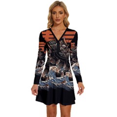 Sushi Dragon Japanese Long Sleeve Deep V Mini Dress  by Bedest