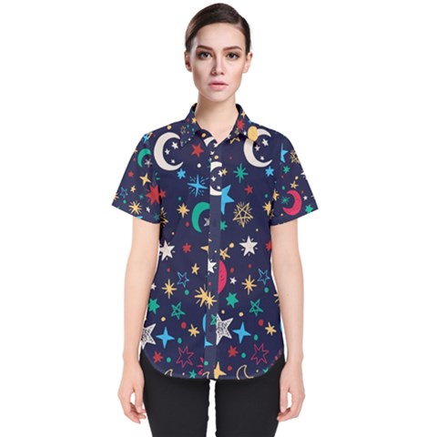 Colorful Background Moons Stars Women s Short Sleeve Shirt by Ndabl3x