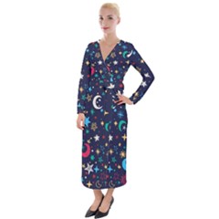 Colorful Background Moons Stars Velvet Maxi Wrap Dress by Ndabl3x