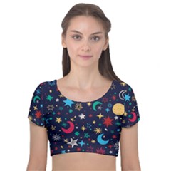 Colorful Background Moons Stars Velvet Short Sleeve Crop Top  by Ndabl3x