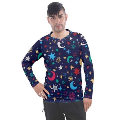 Colorful Background Moons Stars Men s Pique Long Sleeve T-shirt by Ndabl3x