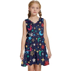 Colorful Background Moons Stars Kids  Sleeveless Tiered Mini Dress by Ndabl3x