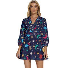 Colorful Background Moons Stars V-neck Placket Mini Dress by Ndabl3x