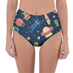 Seamless Pattern With Funny Alien Cat Galaxy Reversible High-waist Bikini Bottoms by Ndabl3x