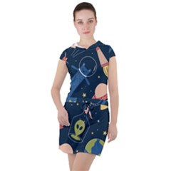 Seamless Pattern With Funny Alien Cat Galaxy Drawstring Hooded Dress by Ndabl3x