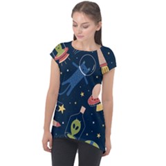 Seamless Pattern With Funny Alien Cat Galaxy Cap Sleeve High Low Top by Ndabl3x