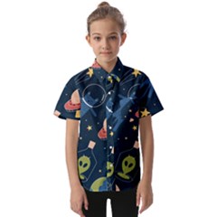 Seamless Pattern With Funny Alien Cat Galaxy Kids  Short Sleeve Shirt by Ndabl3x