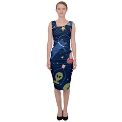 Seamless Pattern With Funny Alien Cat Galaxy Sleeveless Pencil Dress