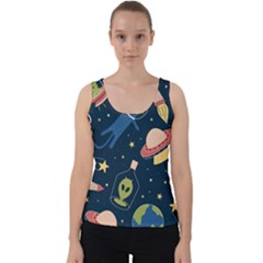 Seamless Pattern With Funny Alien Cat Galaxy Velvet Tank Top by Ndabl3x