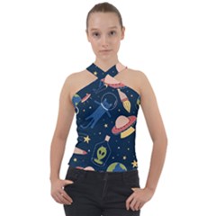 Seamless Pattern With Funny Alien Cat Galaxy Cross Neck Velour Top by Ndabl3x