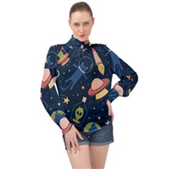 Seamless Pattern With Funny Alien Cat Galaxy High Neck Long Sleeve Chiffon Top by Ndabl3x