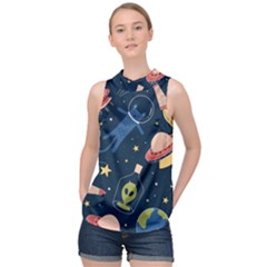 Seamless Pattern With Funny Alien Cat Galaxy High Neck Satin Top by Ndabl3x