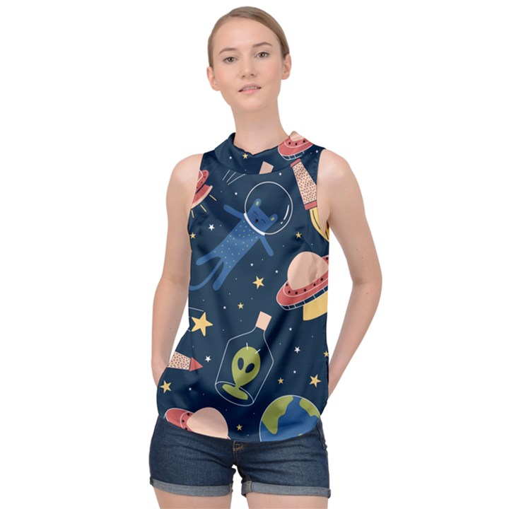 Seamless Pattern With Funny Alien Cat Galaxy High Neck Satin Top