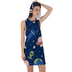 Seamless Pattern With Funny Alien Cat Galaxy Racer Back Hoodie Dress