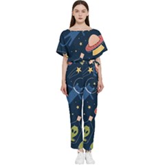 Seamless Pattern With Funny Alien Cat Galaxy Batwing Lightweight Chiffon Jumpsuit by Ndabl3x