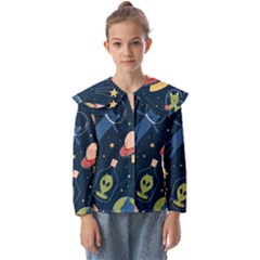 Seamless Pattern With Funny Alien Cat Galaxy Kids  Peter Pan Collar Blouse by Ndabl3x