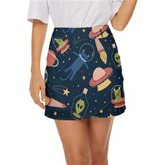 Seamless Pattern With Funny Alien Cat Galaxy Mini Front Wrap Skirt by Ndabl3x