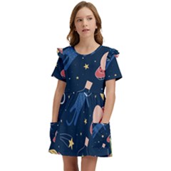 Seamless Pattern With Funny Alien Cat Galaxy Kids  Frilly Sleeves Pocket Dress