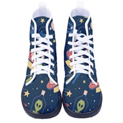 Seamless Pattern With Funny Alien Cat Galaxy Kid s High-top Canvas Sneakers by Ndabl3x