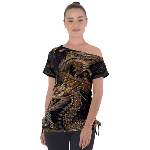 Fantasy Dragon Pentagram Off Shoulder Tie-up T-shirt by Maspions