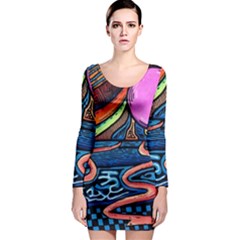 Grateful Dead Wallpaper Long Sleeve Bodycon Dress by Cendanart