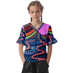 Grateful Dead Wallpaper Kids  V-neck Horn Sleeve Blouse by Cendanart