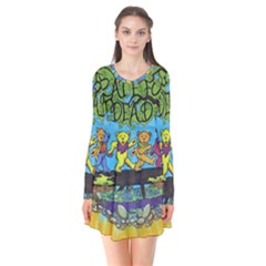 Dancing Bears Grateful Dead Long Sleeve V-neck Flare Dress by Cendanart