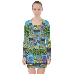 Dancing Bears Grateful Dead V-neck Bodycon Long Sleeve Dress by Cendanart