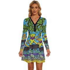 Dancing Bears Grateful Dead Long Sleeve Deep V Mini Dress  by Cendanart