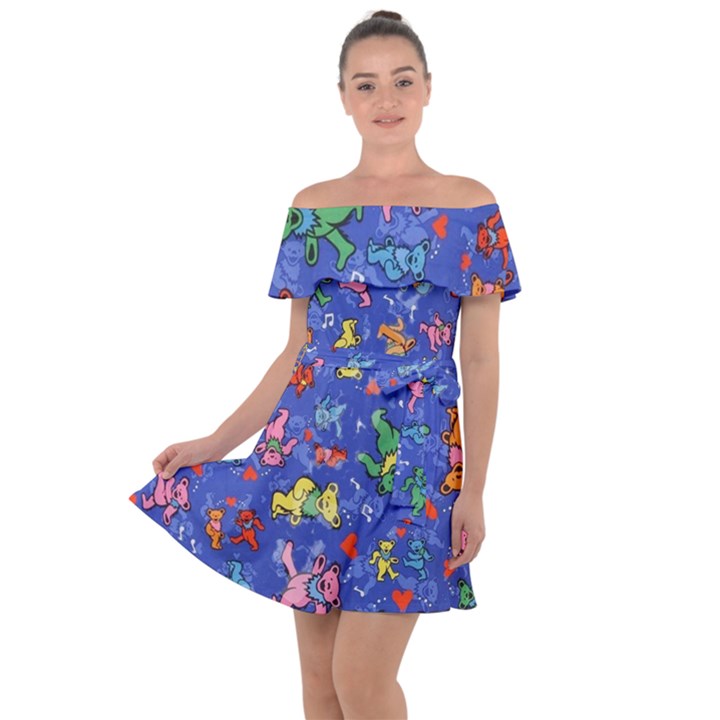 Grateful Dead Bears Pattern Off Shoulder Velour Dress