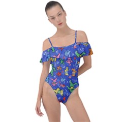 Grateful Dead Bears Pattern Frill Detail One Piece Swimsuit by Cendanart