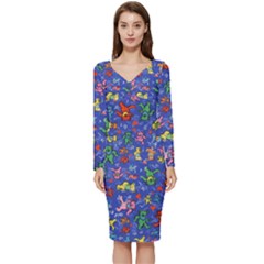 Grateful Dead Bears Pattern Long Sleeve V-neck Bodycon Dress  by Cendanart