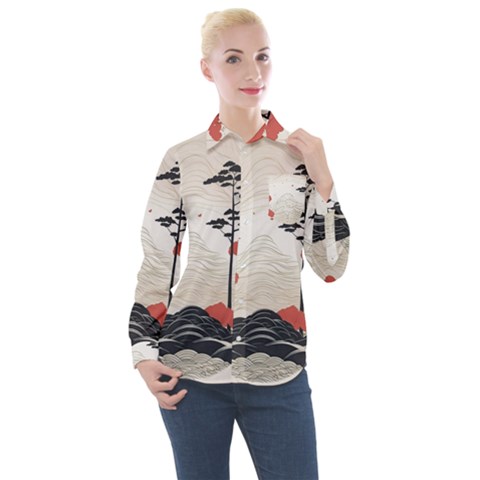 Japanese Nature Spring Garden Women s Long Sleeve Pocket Shirt by Ndabl3x