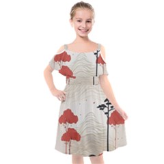 Japanese Nature Spring Garden Kids  Cut Out Shoulders Chiffon Dress