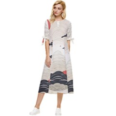 Japanese Nature Spring Garden Bow Sleeve Chiffon Midi Dress