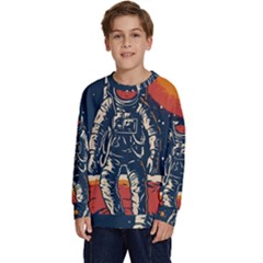 Vintage Retro Space Posters Astronaut Kids  Crewneck Sweatshirt