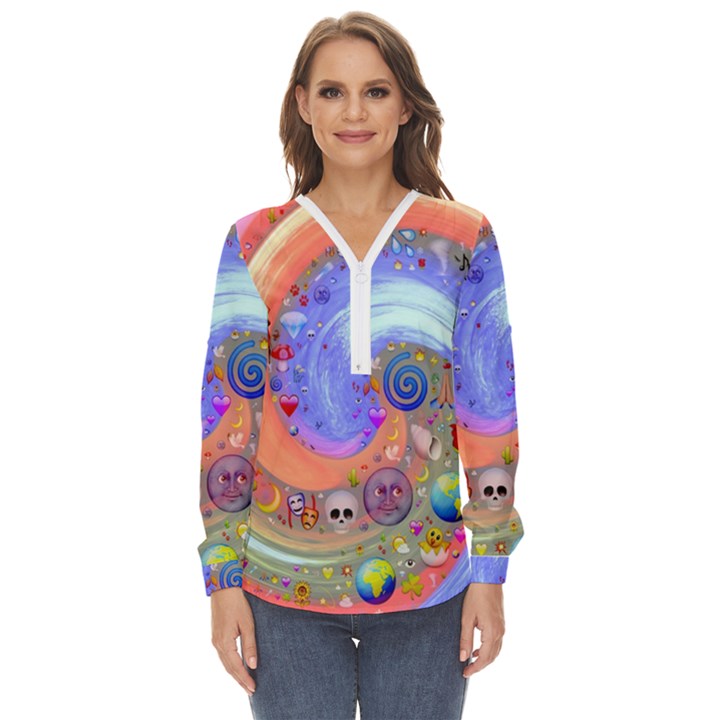 Swirl Vortex Emoji Cyclone Motion Zip Up Long Sleeve Blouse