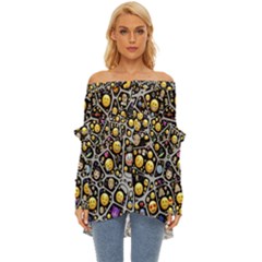 Mental Emojis Emoticons Icons Off Shoulder Chiffon Pocket Shirt by Paksenen