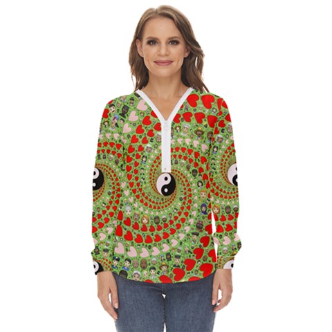 Love Avatars Characters Roles Yin Yang Zip Up Long Sleeve Blouse by Paksenen