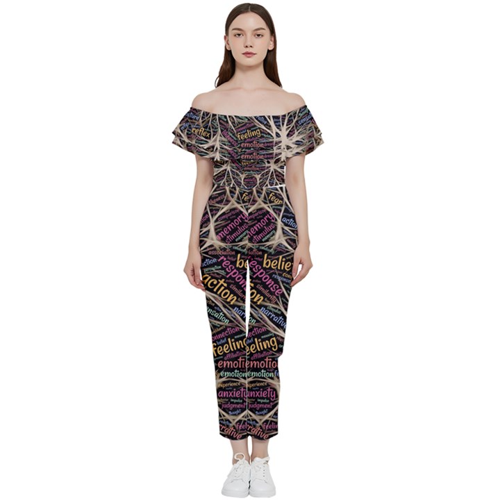 Mental Human Experience Mindset Pattern Bardot Ruffle jumpsuit