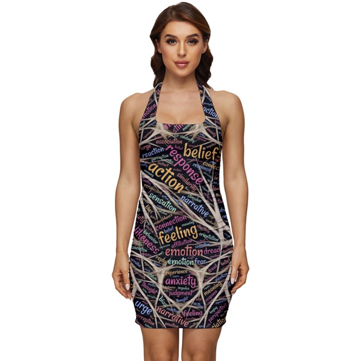 Mental Human Experience Mindset Pattern Sleeveless Wide Square Neckline Ruched Bodycon Dress