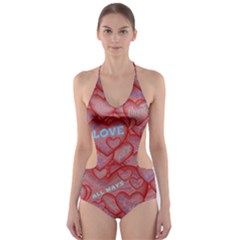 Love Hearts Valentine Red Symbol Cut-out One Piece Swimsuit by Paksenen