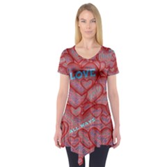 Love Hearts Valentine Red Symbol Short Sleeve Tunic  by Paksenen